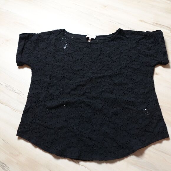 Laundry by Shelli Segal Women Large Blouse Eyelet Short Sleeve Black - Picture 1 of 11